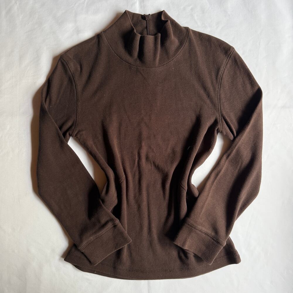 J.Crew Chocolate Brown Cotton Mock Neck Fitted Long Sleeve Top Ss Small Preppy